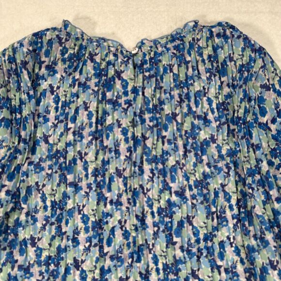 Melloday Mini Shift Dress 3/4 Sleeve Size Large Blue Floral Pleated Ruffle Neck - Picture 5 of 10